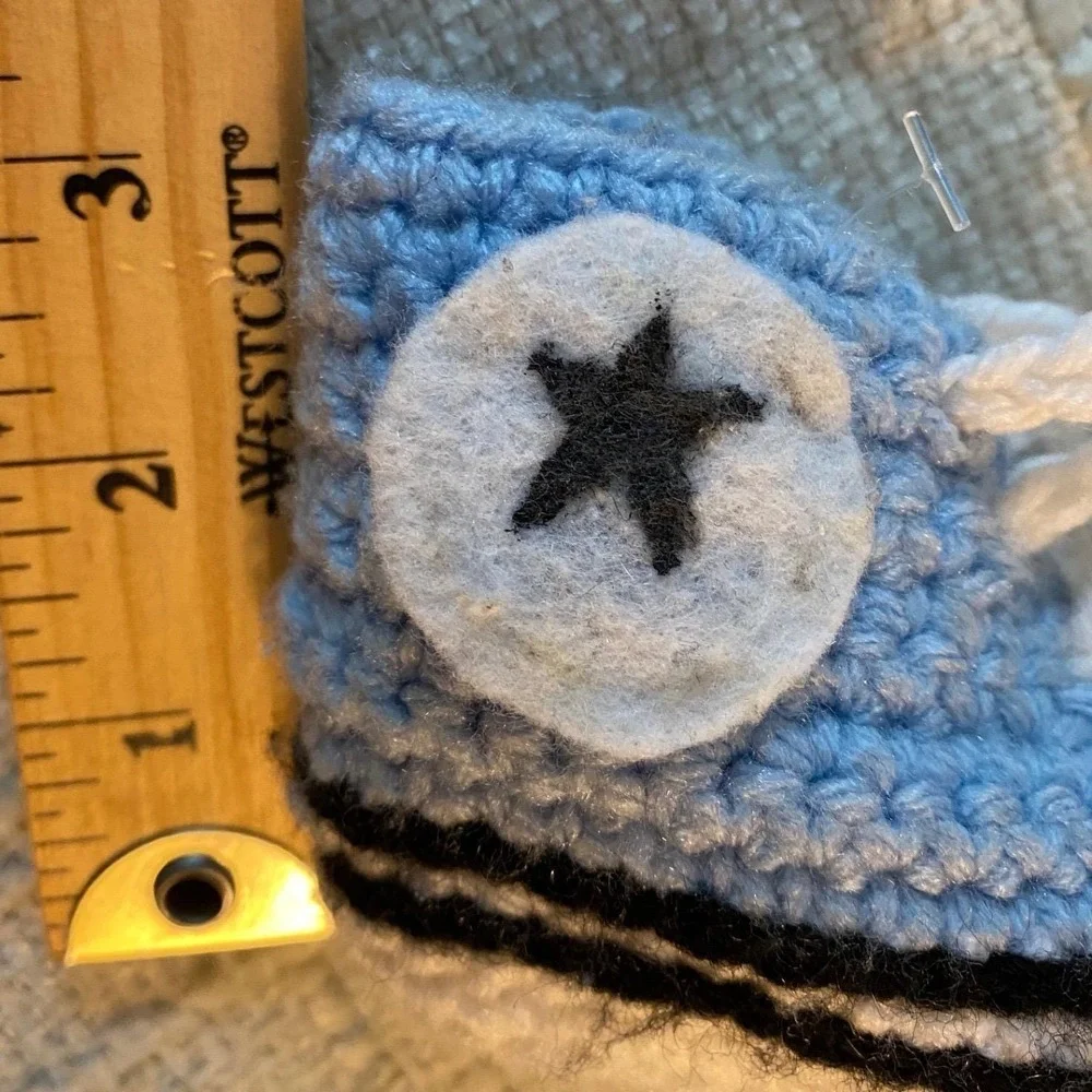 Hand Crocheted Booties Kids 0-6M Blue White High Top Sneaker All Star Soft Sole